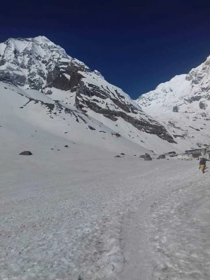 A snowy high-altitude landscape near the Annapurna Base Camp