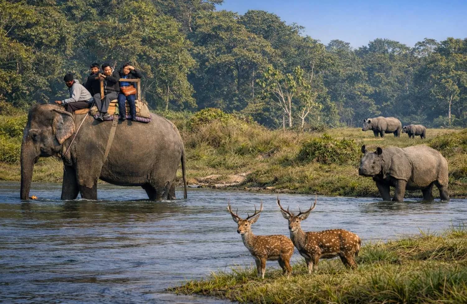 Wildlife sighting in Nepal featuring a greater one horned rhinoceros and spotted deer in the grasslands with tourists on an elephant safari crossing a river in the background