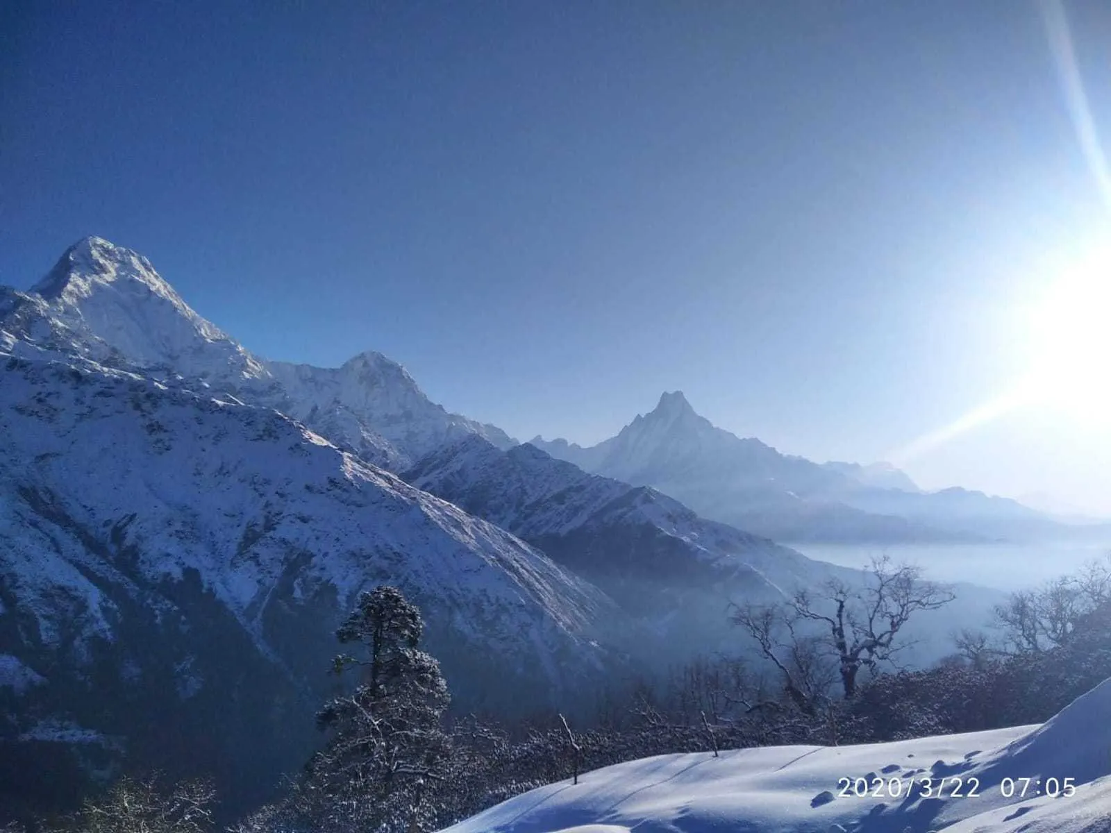 Snowy morning view of Machhapuchhre and the Annapurna range