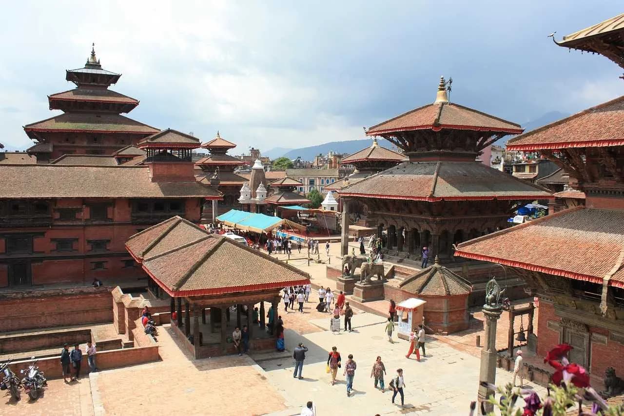 Ancient Newari architecture and tiered pagoda temples at Patan Durbar Square a UNESCO World Heritage site in the Kathmandu Valley Nepal